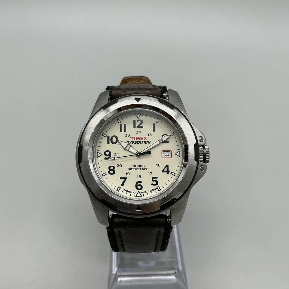 Timex Expedition Indiglo Mens Watch 42mm Cream Dial Brown Leather Date New Batt